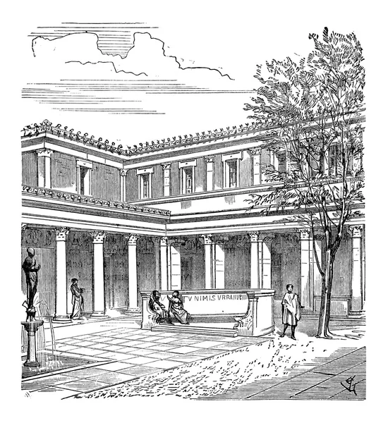 Cour d'une maison romaine, gravure vintage — Image vectorielle