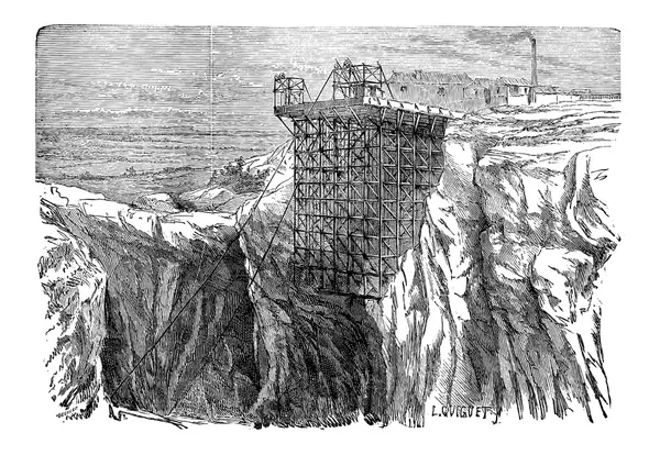 Bergbau-Installation auf einer Klippe, Vintage-Gravur — Stockvektor