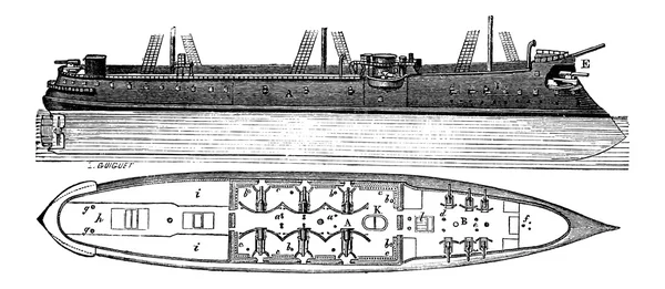 科尔伯特，一艘法国的铁船，复古雕刻 — 图库矢量图片