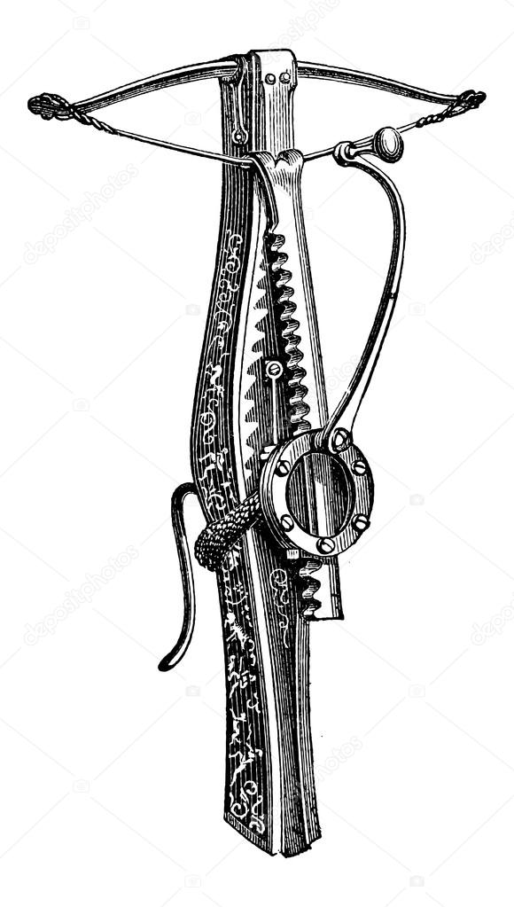Cranequin, a type of Crossbow, vintage engraving