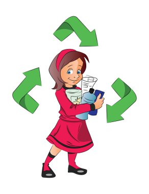 Plastik şişeleri geri dönüşüm için tutan bir kız vektör.