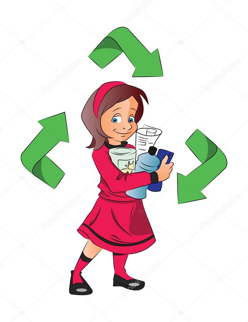 Vector illustration of a girl holding plastic bottles for recycling.