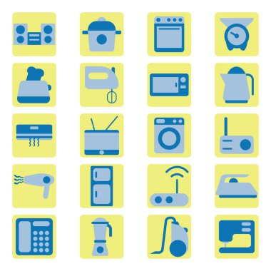 Beyaz arka planda ev elektrikli cihazları, illüstrasyon, vektör.