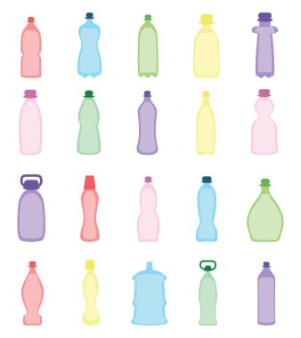 Renkli plastik şişeler, illüstrasyon, vektör, beyaz arkaplan.