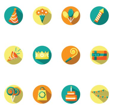 Beyaz arkaplanda doğum günü süslemeleri ve hediyeleri, illüstrasyon, vektör.