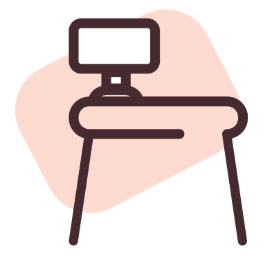 Beyaz arkaplanda pembe bilgisayar masası, illüstrasyon, vektör..