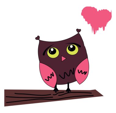 Kırık kalpli baykuş, çizim, vektör, beyaz arka planda.