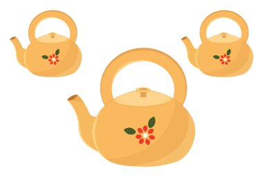 Çiçekli sarı çaydanlık, illüstrasyon, beyaz arkaplanda vektör.