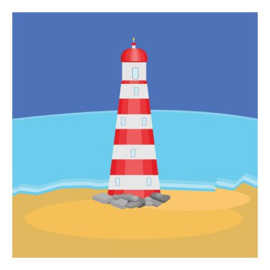 Sahildeki deniz feneri, beyaz arkaplan üzerindeki illüstrasyon, vektör.