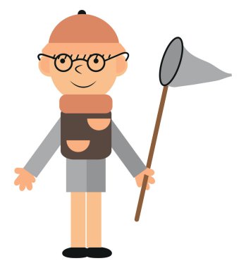 Beyaz arka planda kelebek yakalayan çocuk, illüstrasyon, vektör.