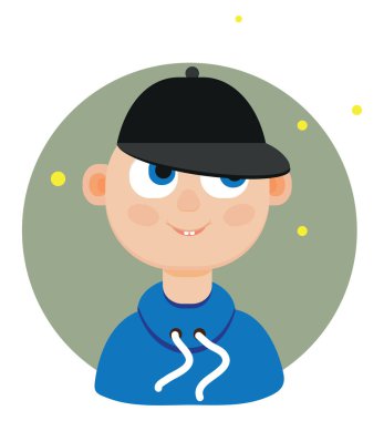 Beyzbol şapkalı, resimli, beyaz arka planda vektör olan mavi gözlü çocuk..