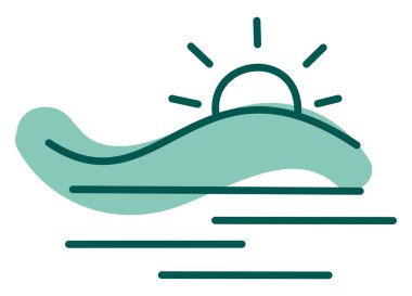 Tepenin arkasında gün batımı, beyaz arkaplan üzerinde illüstrasyon, vektör.