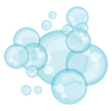 Beyaz arkaplanda mavi sabun köpükleri, illüstrasyon, vektör.