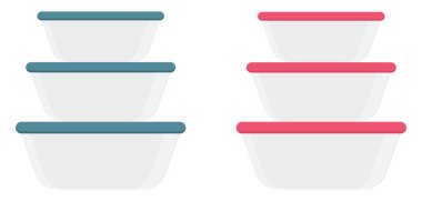 Beyaz zemin üzerinde plastik kaplar, illüstrasyon, vektör.