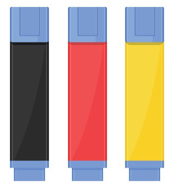 Beyaz zemin üzerinde üç fosforlu kalem, illüstrasyon, vektör.