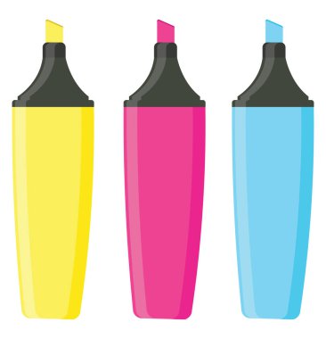 Beyaz arkaplanda üç renkli fosforlu kalem, illüstrasyon, vektör.