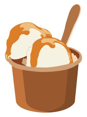 Fincanda karamel dondurma, resim, beyaz arkaplanda vektör..