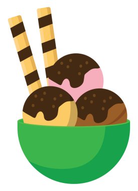 Dondurma kepçeleri yeşil kasede, illüstrasyon, beyaz arka planda vektör..