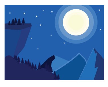 Geceleri dağlar, resimler, beyaz arkaplanda vektör.