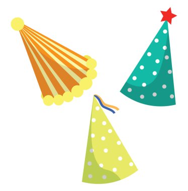 Beyaz arkaplanda doğum günü şapkaları, illüstrasyon, vektör.