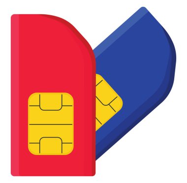 Beyaz arkaplanda kırmızı ve mavi sim kartları, illüstrasyon, vektör.