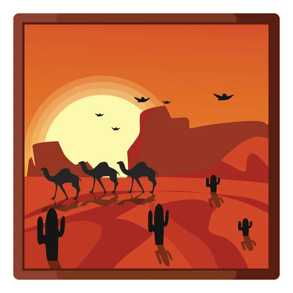 Camels Sunset Illustration Vector White Background — Stock Vector