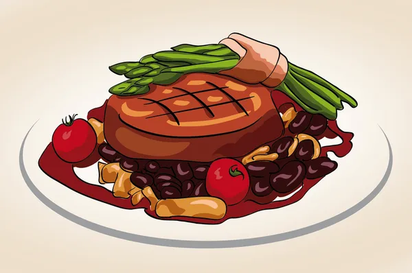 Carne grelhada com tomate, ilustração vetorial — Vetor de Stock