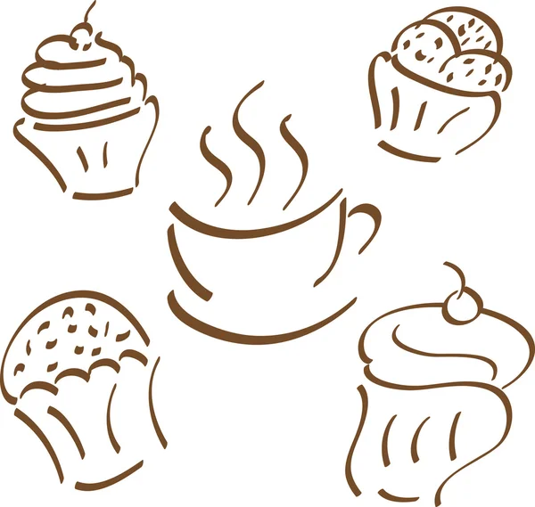Cupcakes und Kaffeetassen-Ikone im Doodle-Stil — Stockvektor