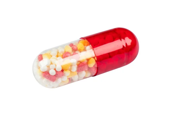 巨无霸从白色背景中分离出红色药片 药学产品 药丸和药物关闭 药丸背景 — 图库照片