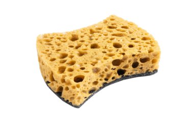 Beyaz arka plan üzerinde izole plastik sarı sünger bir yüzey makro çekim. Yakın çekim doku. Sarı fırçasünger. Sünger doku arka plan. Arka plan için sarı sünger
