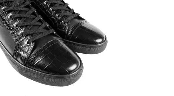 Стильная Кожаная Обувь Изолированы Белом Фоне Черная Кожаная Модная Обувь — стоковое фото