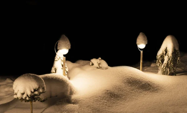 Nevadas Jardín Nevado Casa Tarde Invierno Copo Nieve Sobre Lámpara — Foto de Stock