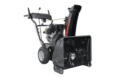 Snow blower Isolated on white background. Garden tool with gasoline engine. Side view. Cleaning equipment. Outdoor power equipmen. Snowplow isolated. Snow-removal mini tractor