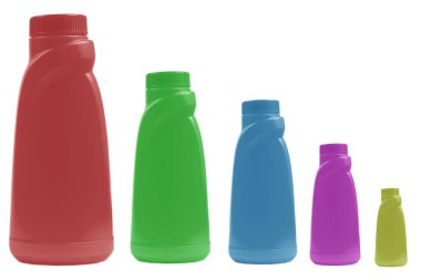 Plastic multi colored bottle for detergent cleaning agen iIsolated on white background. Different colour plastic bottle isolated with clipping path. Empty space for text