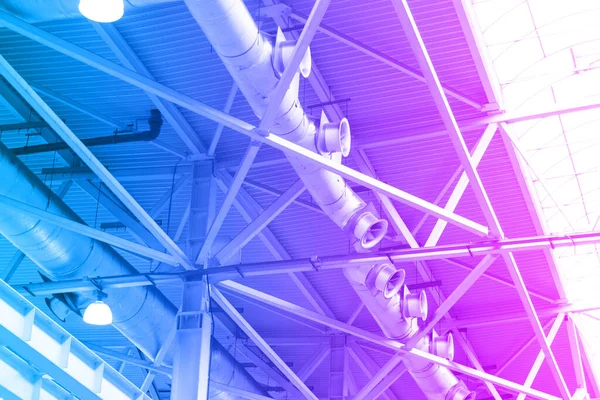 Blue Lights Ventilation System Long Line Ceiling Industrial Building Exhibition — Fotografia de Stock