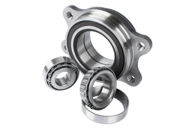 Tekerlek merkezi. Beyaz izole arkaplanda topları olan gümüş bilye. Endüstriyel yön. Top taşıyıcı beyaz üzerine izole edildi. Paslanmaz metal silindir. Tekerlek merkezli yedek parçalar