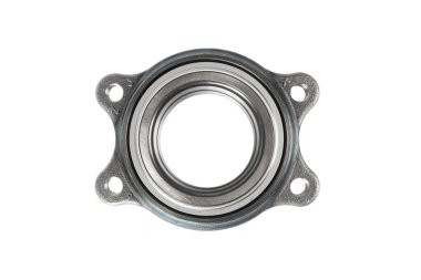 Tekerlek merkezi. Beyaz izole arkaplanda topları olan gümüş bilye. Endüstriyel yön. Top taşıyıcı beyaz üzerine izole edildi. Paslanmaz metal silindir. Tekerlek merkezli yedek parçalar