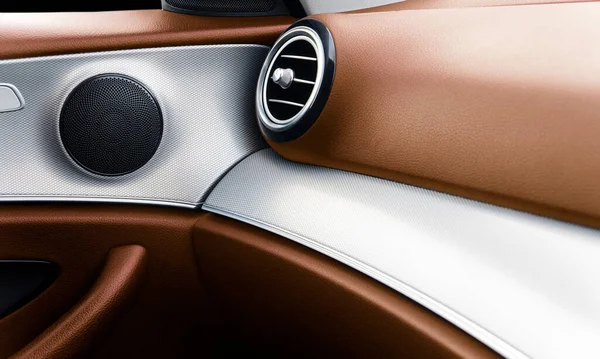 Autó Kilincs Belsejében Luxus Modern Autó Barna Bőr Textúra Öltéssel — Stock Fotó