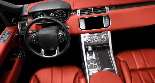 Rotes Modernes Luxusauto Interieur Lenkrad Schalthebel Und Armaturenbrett Detail Des — Stockfoto