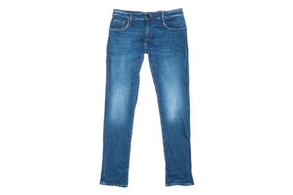 Niebieskie Dżinsy Odizolowane Białym Tle Zbliżenie Stylowych Niebieskich Dżinsów Jeansowych — Zdjęcie stockowe