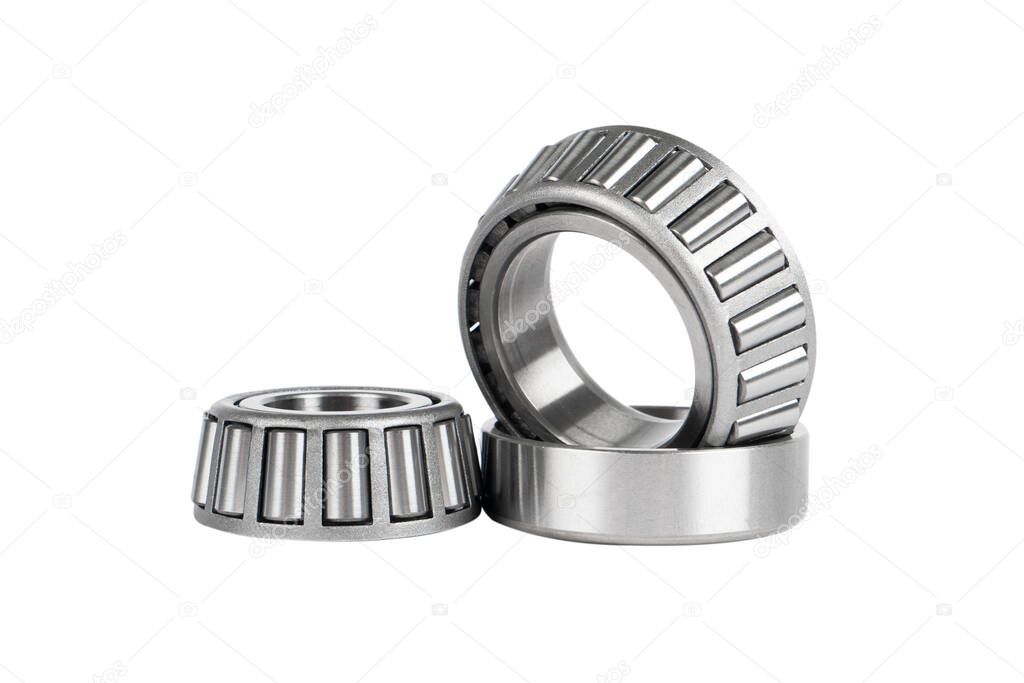 Metal silver ball bearing with balls on white isolated background. Industrial bearing. Set ball Bearing isolated on white. Stainless metal roller. Spare parts