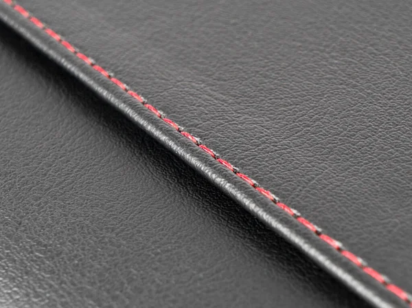 Black Leather Texture Red Stitching Part Perforated Leather Details Black — Stock Photo, Image