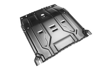 Motorun ve şanzımanın metal koruması beyaz arka planda izole edildi. Yeni araba motorunun üst görünümü çelik krank kabı ve şanzıman koruması