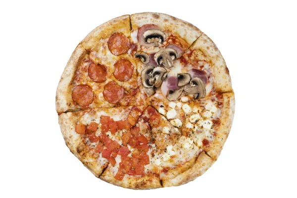 Smaklig Pizza Isolerad Vit Bakgrund Skivad Pizza Overhead — Stockfoto