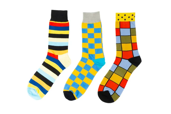 Tři Ponožky Různými Liniemi Izolované Bílém Pozadí Barevné Ponožky Syn — Stock fotografie