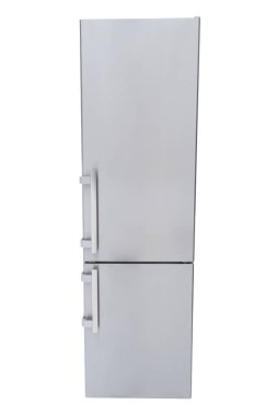 Beyaz arka planda izole edilmiş yeni buzdolabı. Modern paslanmaz çelik buzdolabının önü. Buzdolabı dondurucusu izole edildi