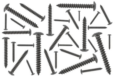 Kendi kendine dokunan vida kırpma yolu ile beyaz arka planda izole. Makro metali kendi kendine vuruyor. Krom vida cıvata deseni. Fındık ve cıvatalar. İş için araçlar.