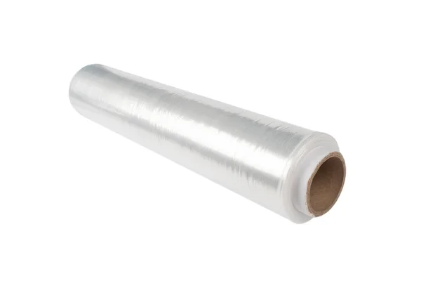 Roll of plastic stretch wrap film isolated on white background.