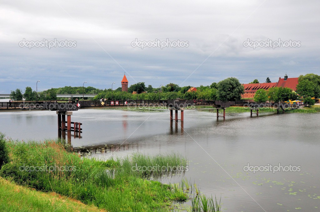 Wooden bridge on Nogat river in Malbork, Poland