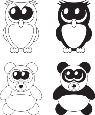 Cute cartoon owl and panda with big eyes